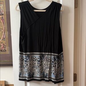 J Jill Wearever Elegant Black with Cream and Blue border Top